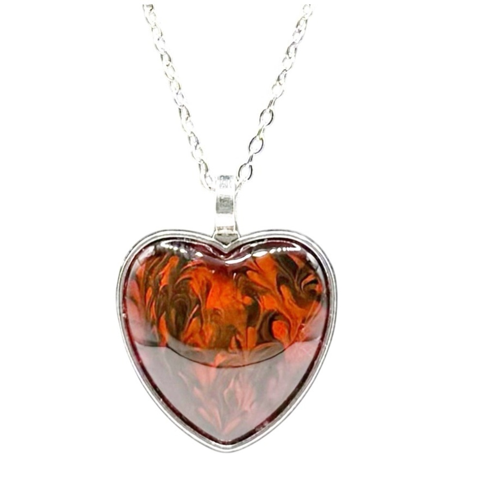 Heart Necklace with Dark Red and Black glass and Silver Setting